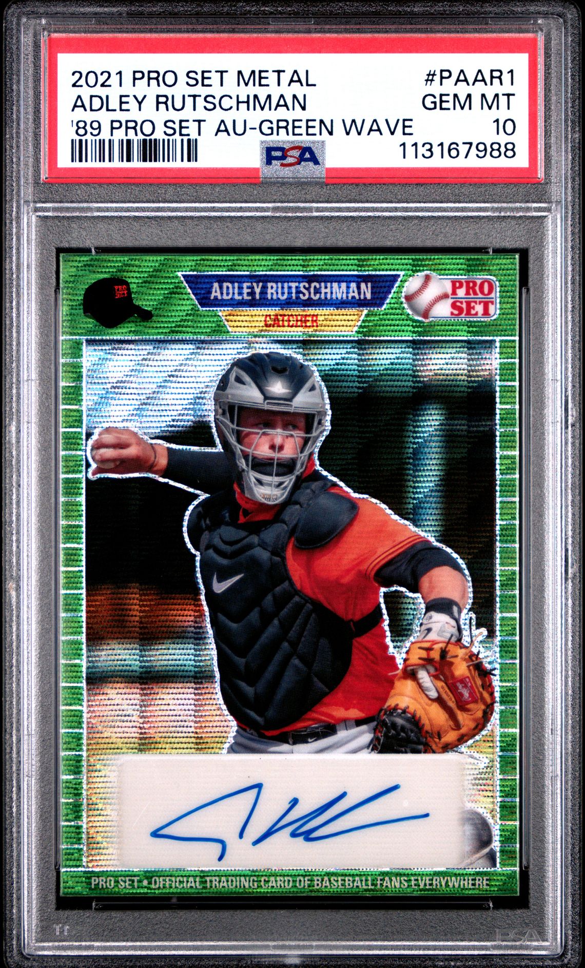 2021 Leaf Pro Set Metal 1989 Pro Set Autographs Adley Rutschman #Paar1 ('89 Pro Set Au-Green Wave) Gem Mt 10 front