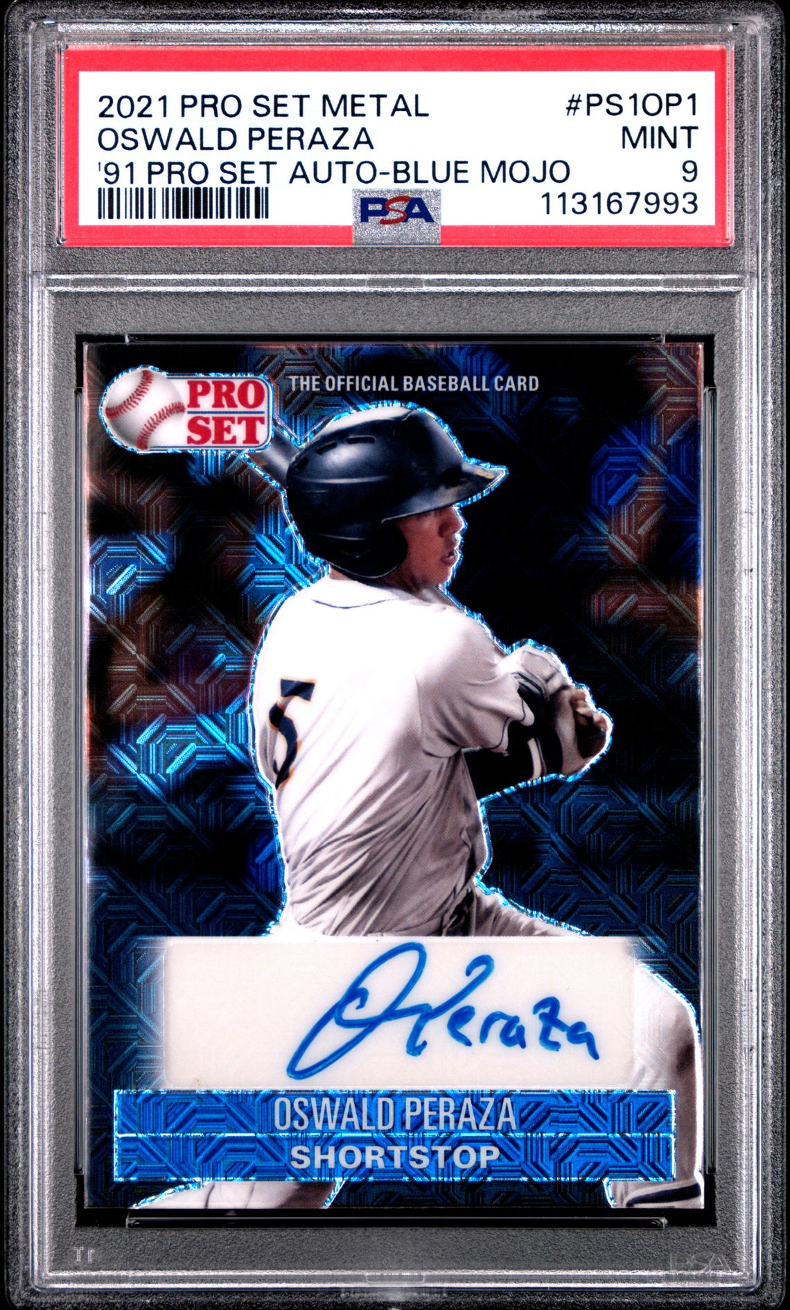 2021 Leaf Pro Set Metal 1991 Pro Set Autographs Oswald Peraza #Ps1Op1 ('91 Pro Set Auto-Blue Mojo) Mint 9 front