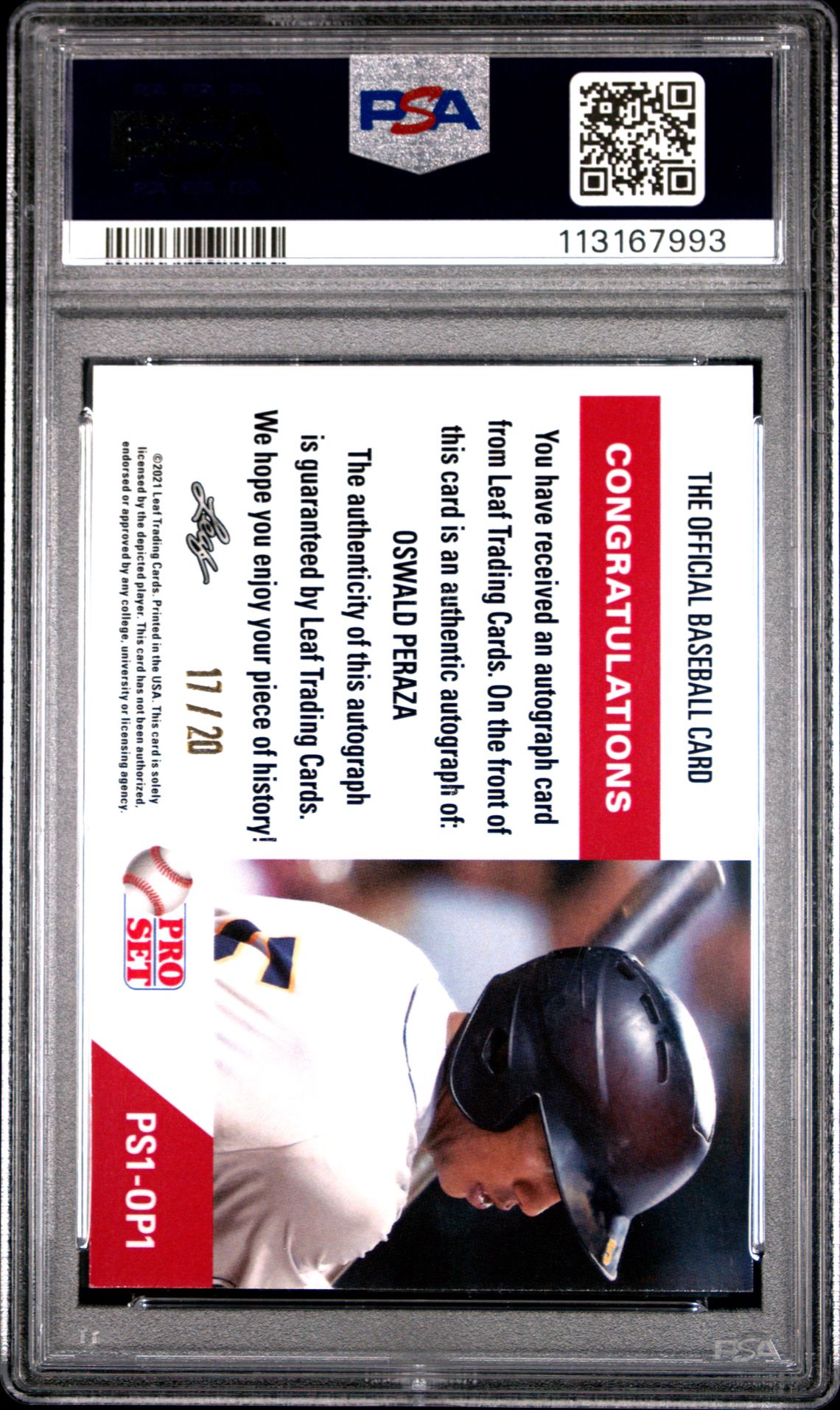 2021 Leaf Pro Set Metal 1991 Pro Set Autographs Oswald Peraza #Ps1Op1 ('91 Pro Set Auto-Blue Mojo) Mint 9 back