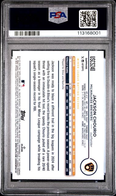 2024 Topps Chrome Sapphire Update Series Jackson Chourio #240 Gem Mt 10 back