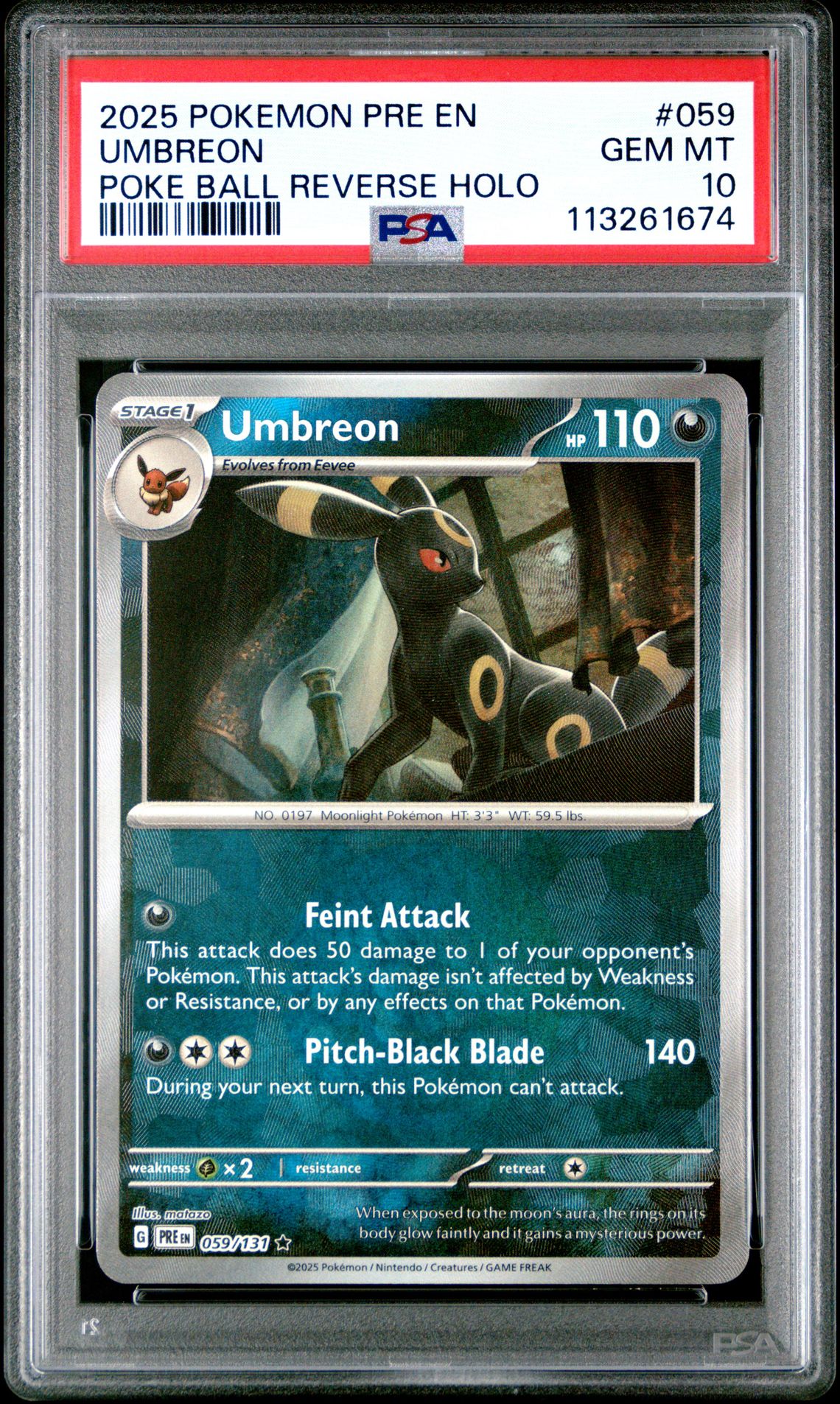 2025 Pokemon Pre En-Prismatic Evolutions Umbreon #059 (Poke Ball Reverse Holo) Gem Mt 10 front