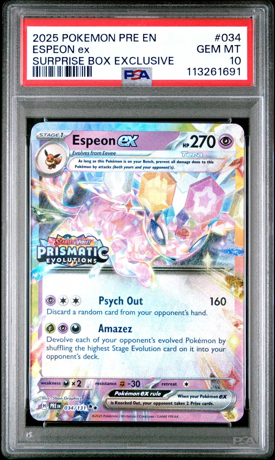 2025 Pokemon Pre En-Prismatic Evolutions Espeon Ex #034 (Surprise Box Exclusive) Gem Mt 10 front