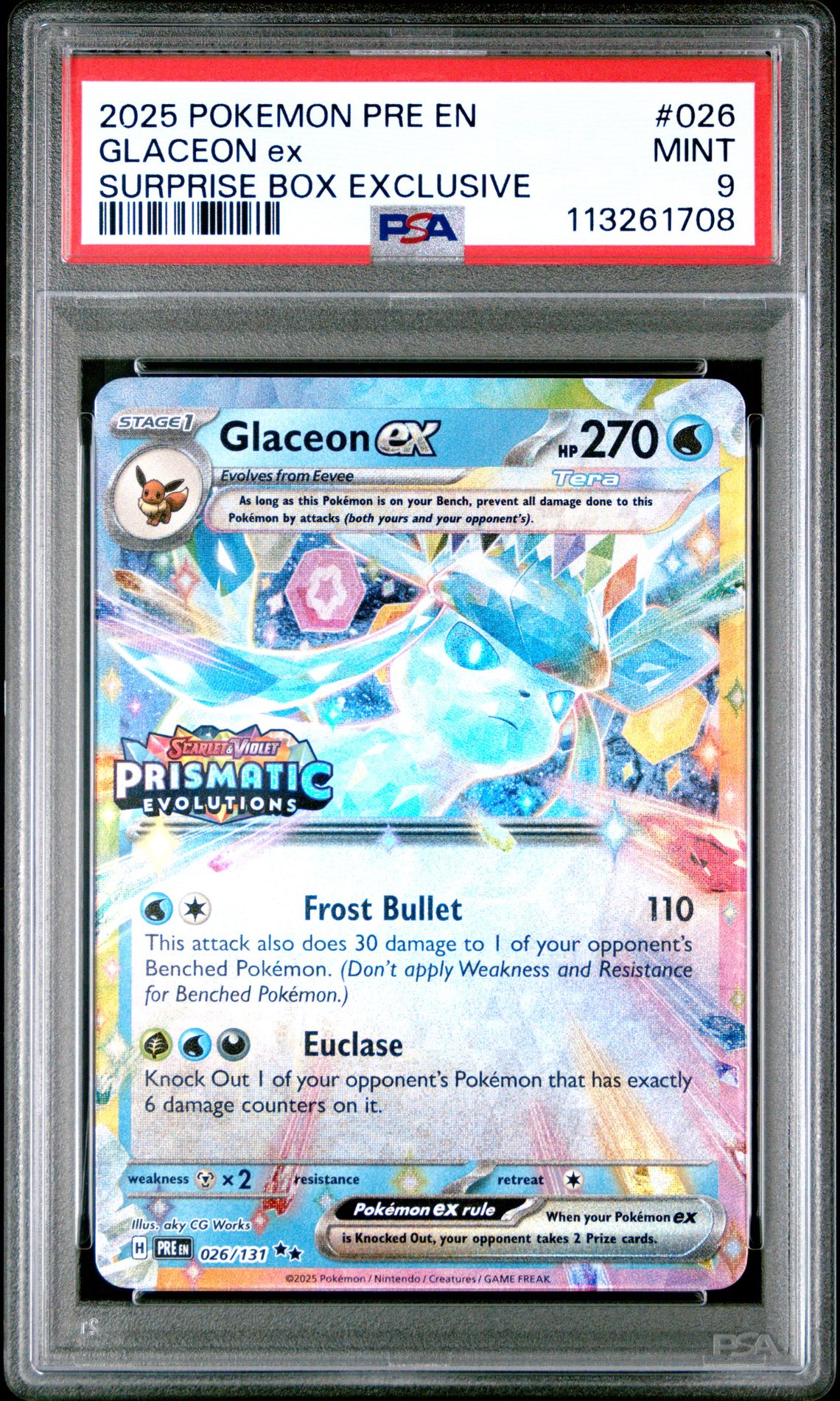 2025 Pokemon Pre En-Prismatic Evolutions Glaceon Ex #026 (Surprise Box Exclusive) Mint 9 front