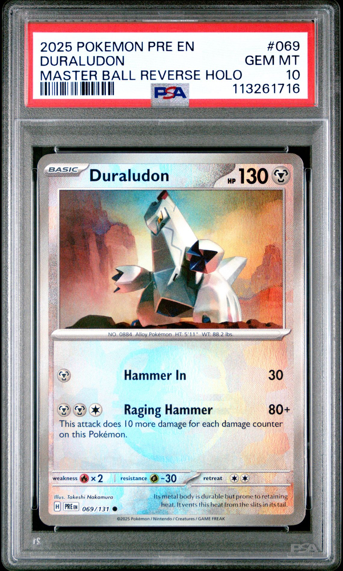 2025 Pokemon Pre En-Prismatic Evolutions Duraludon #069 (Master Ball Reverse Holo) Gem Mt 10 front