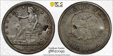 1876-S T$1 Type-II/II, Chopmarked N1