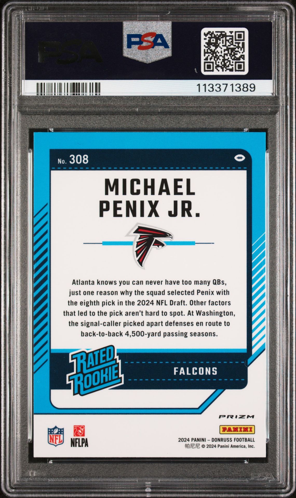 2024 Panini Donruss Michael Penix Jr. #308 (Optic Preview-Red & Green) Mint 9 back