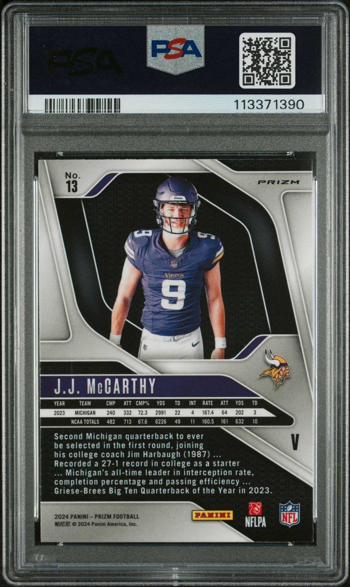 2024 Panini Prizm Rookie Variation Jj Mccarthy #13 Mint 9 back