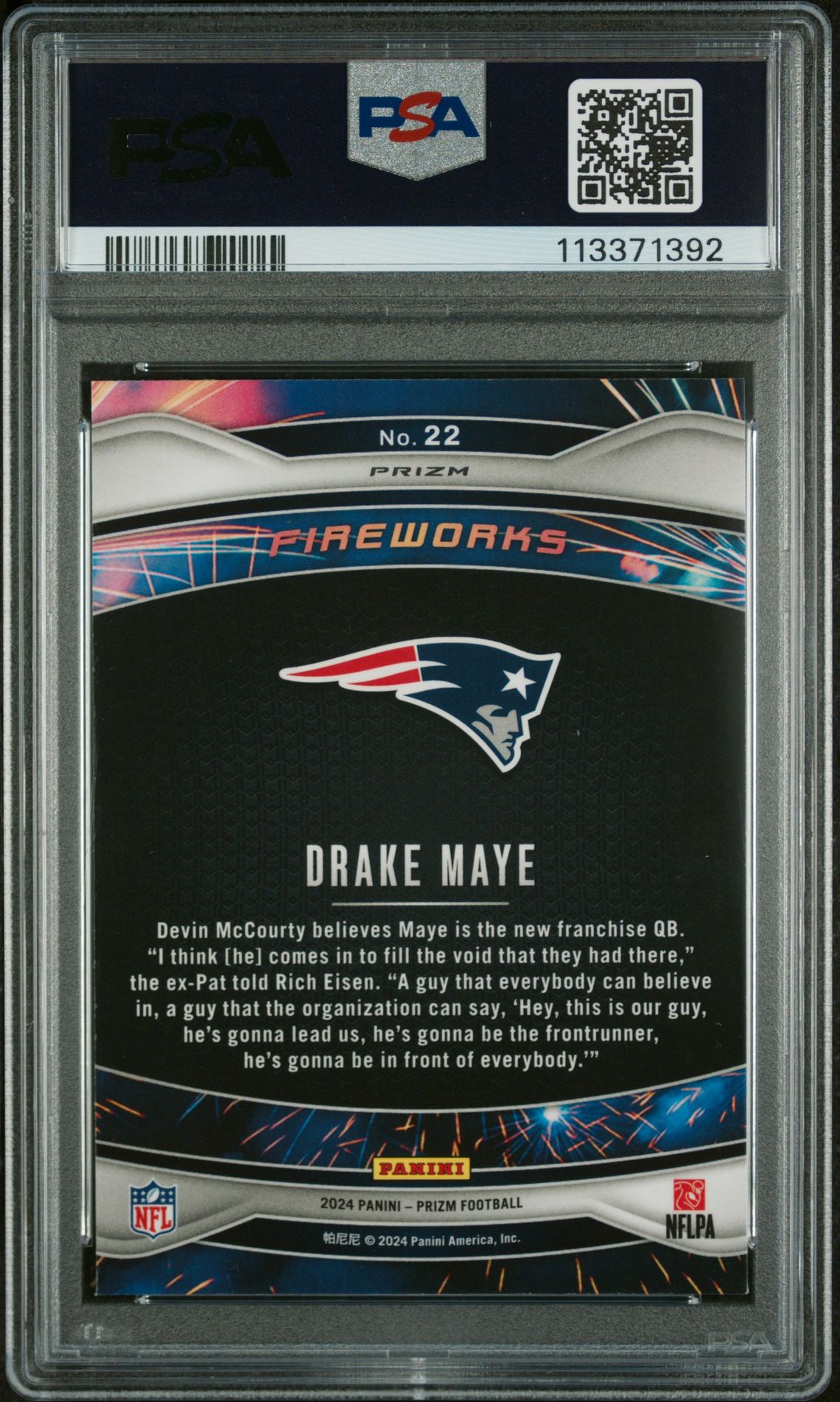 2024 Panini Prizm Fireworks Drake Maye #22 (Fireworks-Green Prizm) Mint 9 back