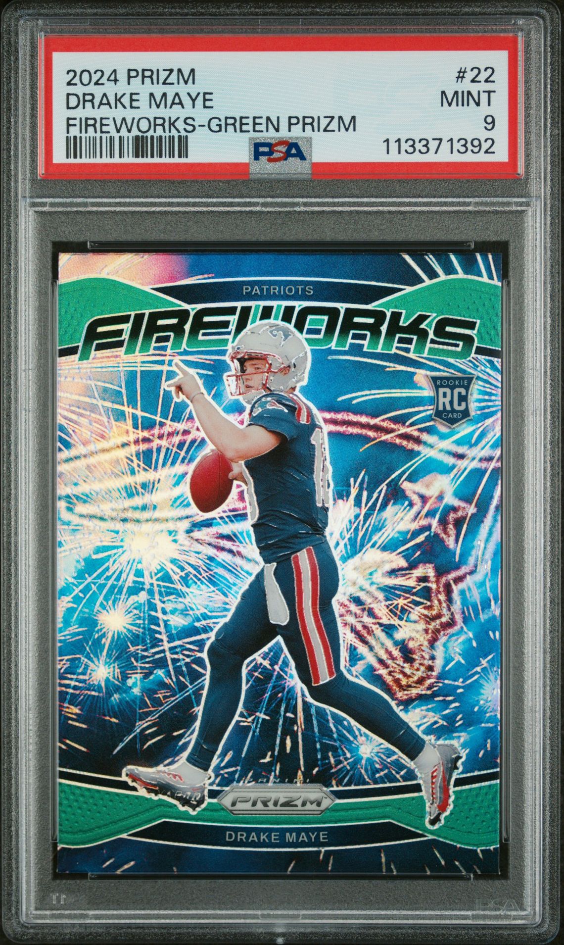 2024 Panini Prizm Fireworks Drake Maye #22 (Fireworks-Green Prizm) Mint 9 front