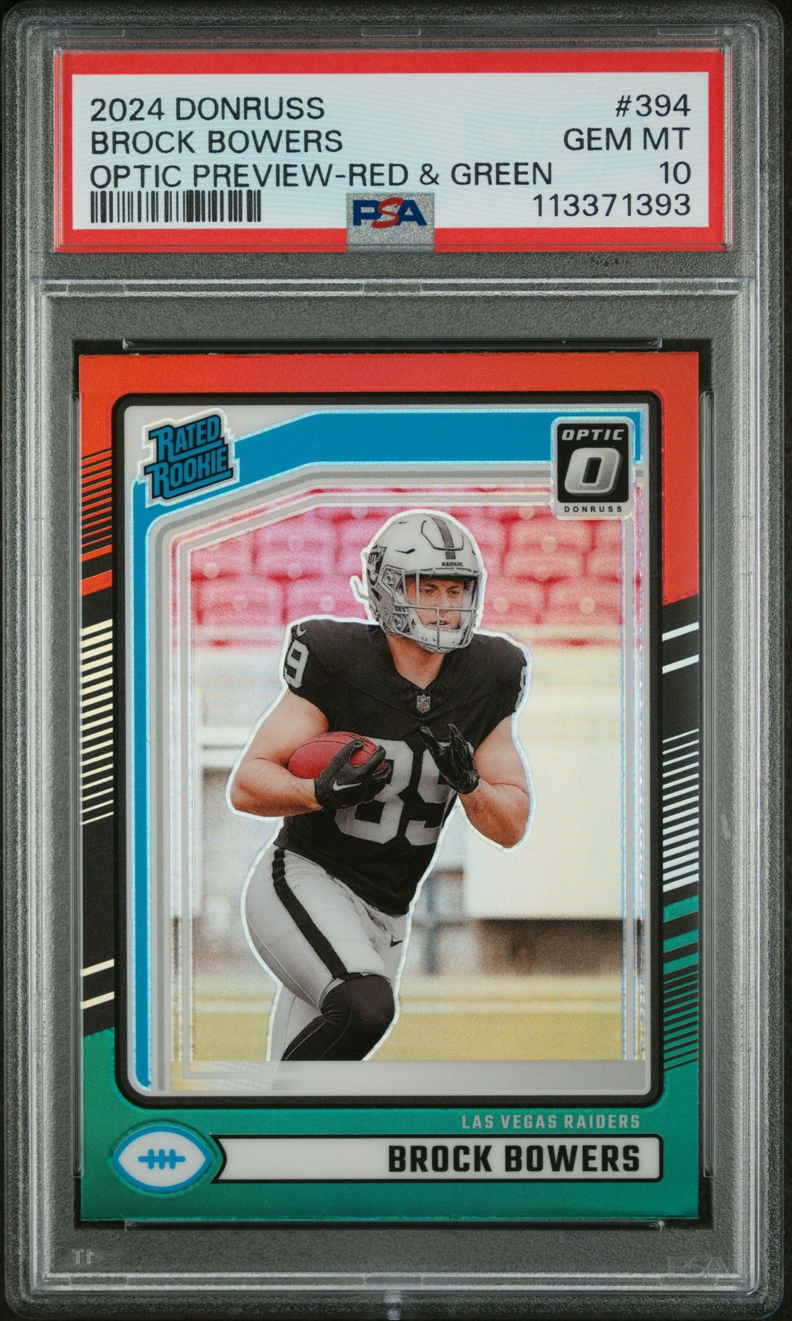 2024 Panini Donruss Brock Bowers #394 (Optic Preview-Red & Green) Gem Mt 10 front