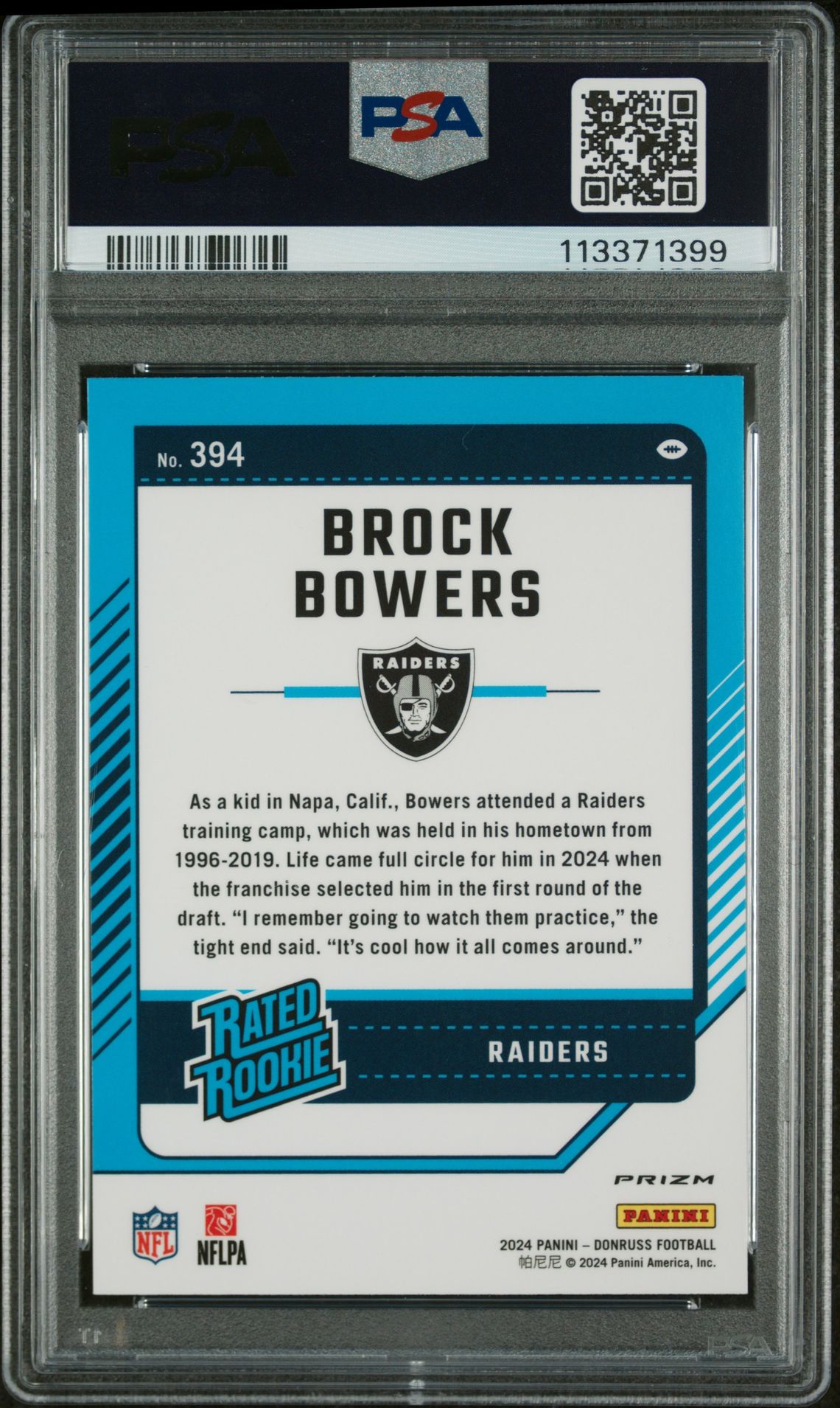 2024 Panini Donruss Brock Bowers #394 (Optic Preview-Red & Green) Mint 9 back