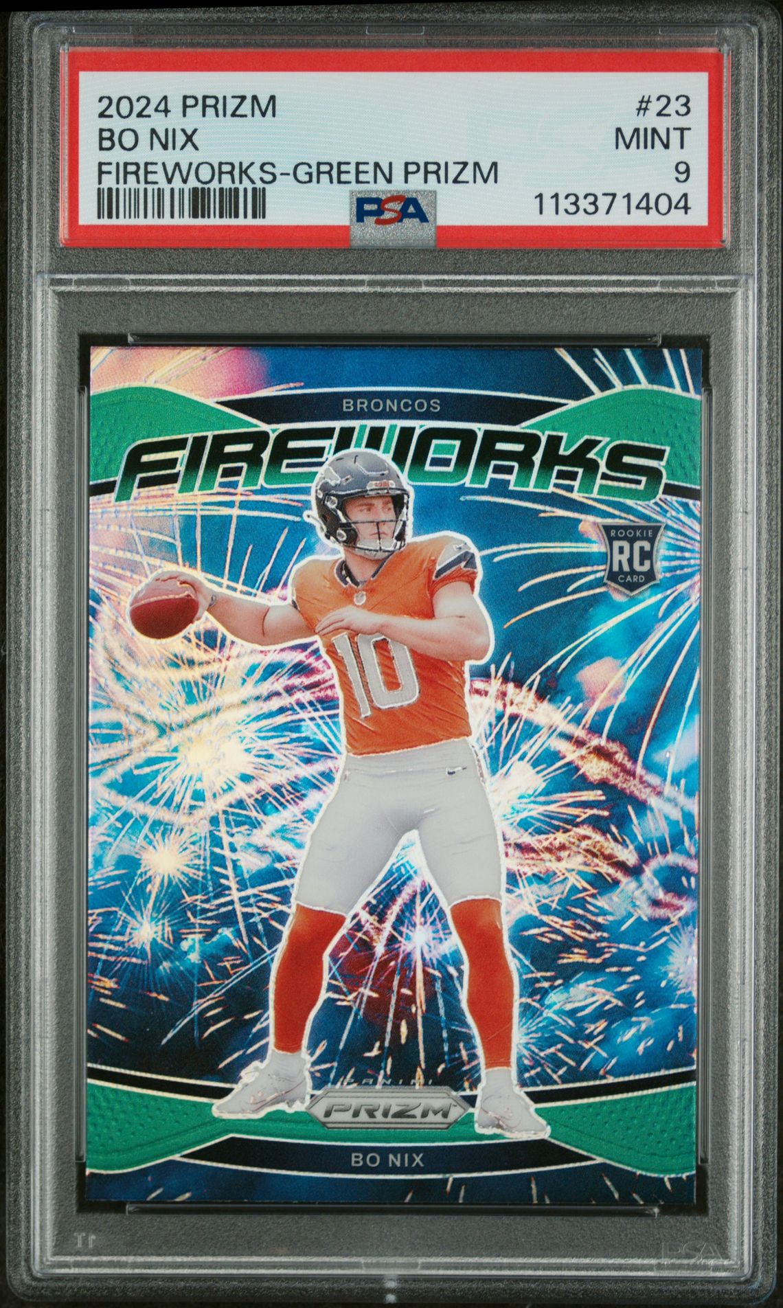 2024 Panini Prizm Fireworks Bo Nix #23 (Fireworks-Green Prizm) Mint 9 front