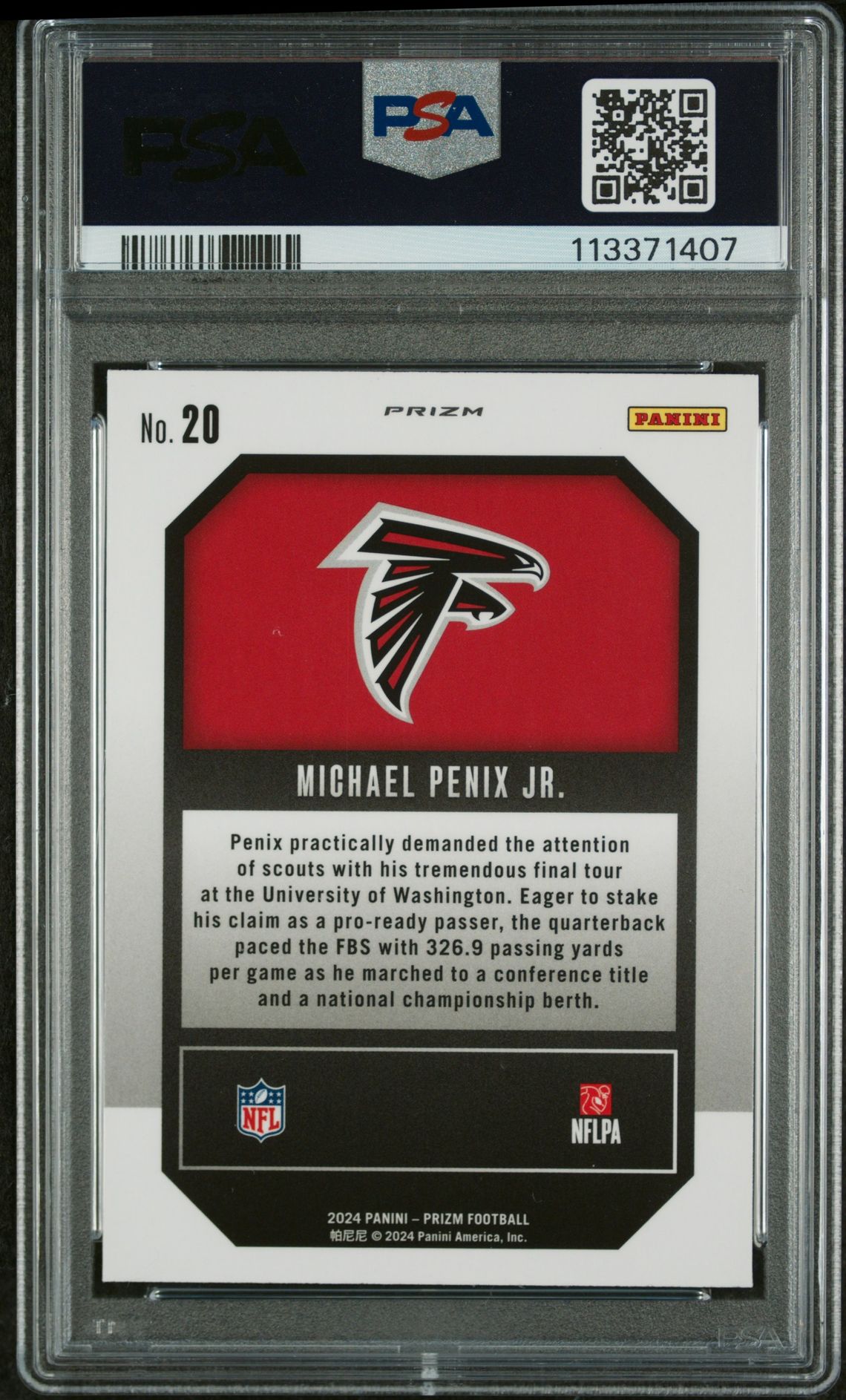 2024 Panini Prizm Emergent Michael Penix Jr. #20 (Emergent-Green Prizm) Gem Mt 10 back