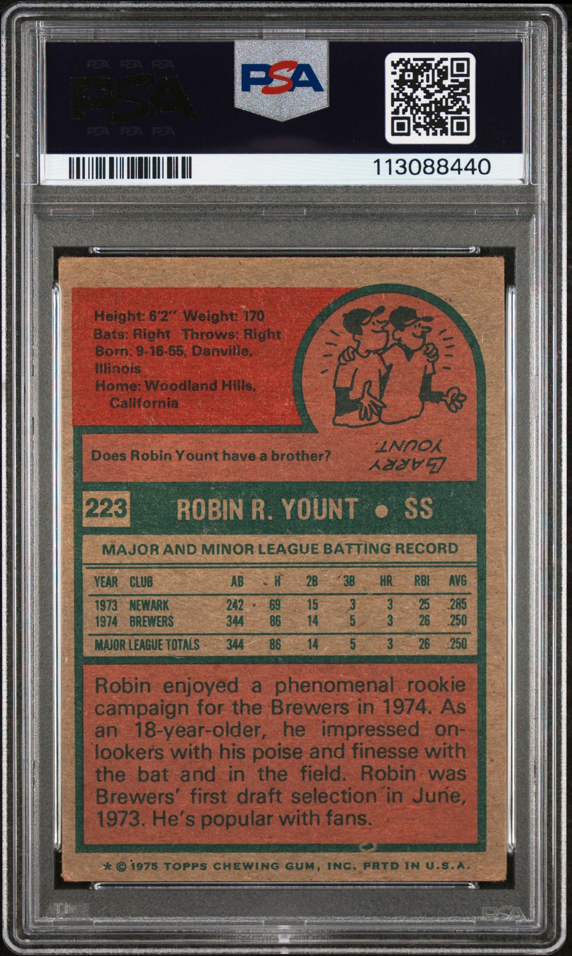 1975 Topps Robin Yount #223 Vg 3 back