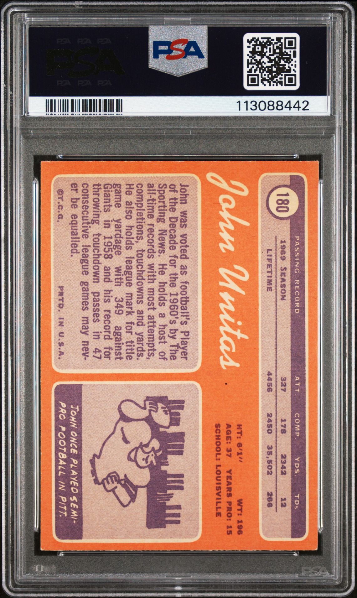 1970 Topps John Unitas #180 Ex 5 back