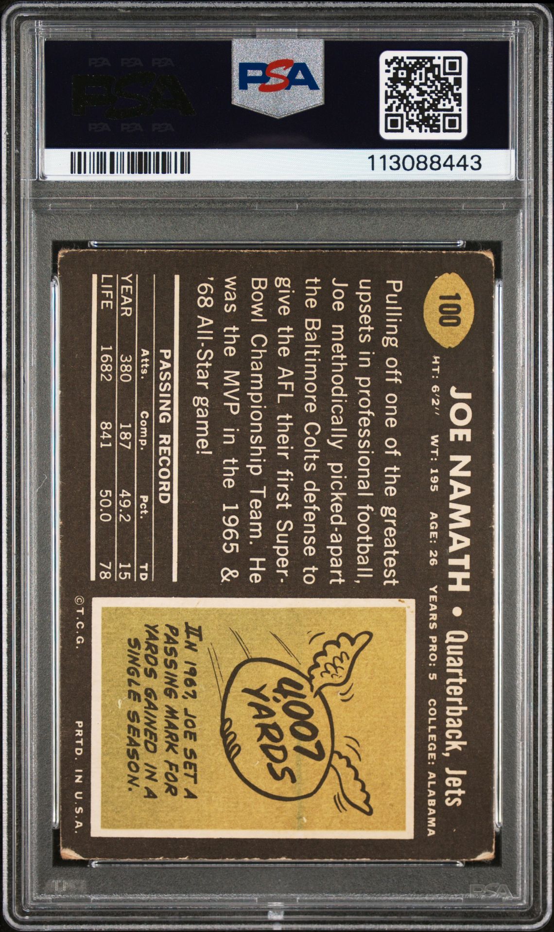 1969 Topps Joe Namath #100 Good+ 2.5 back