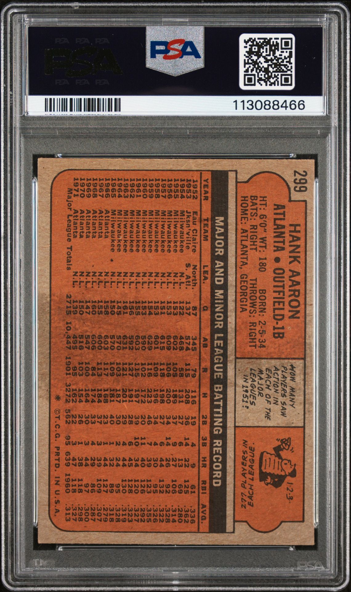 1972 Topps Hank Aaron #299 Vg 3 back