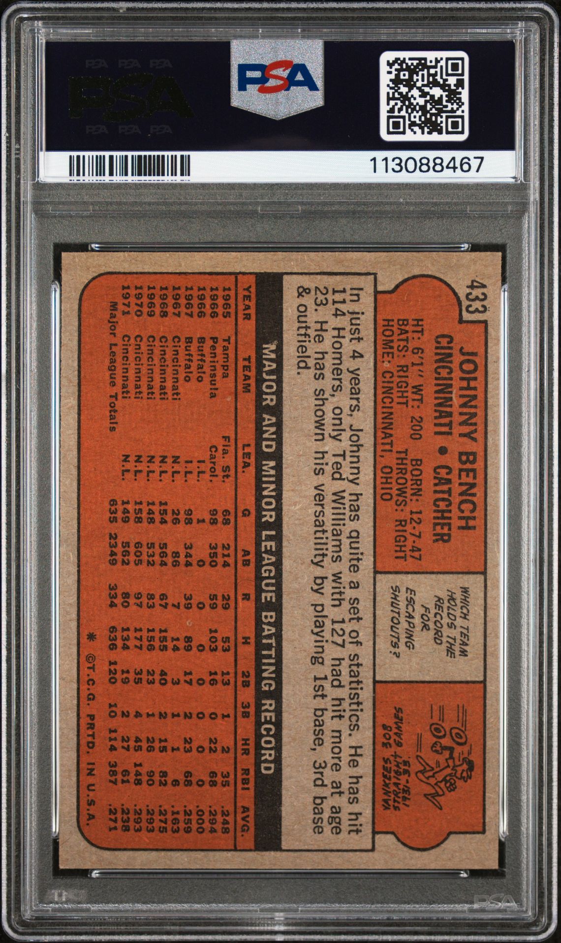 1972 Topps Johnny Bench #433 Ex-Mt 6 back