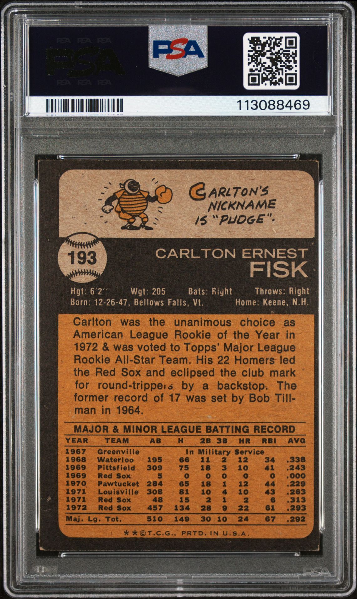 1973 Topps Carlton Fisk #193 (All-Star Rookie) Vg-Ex 4 back