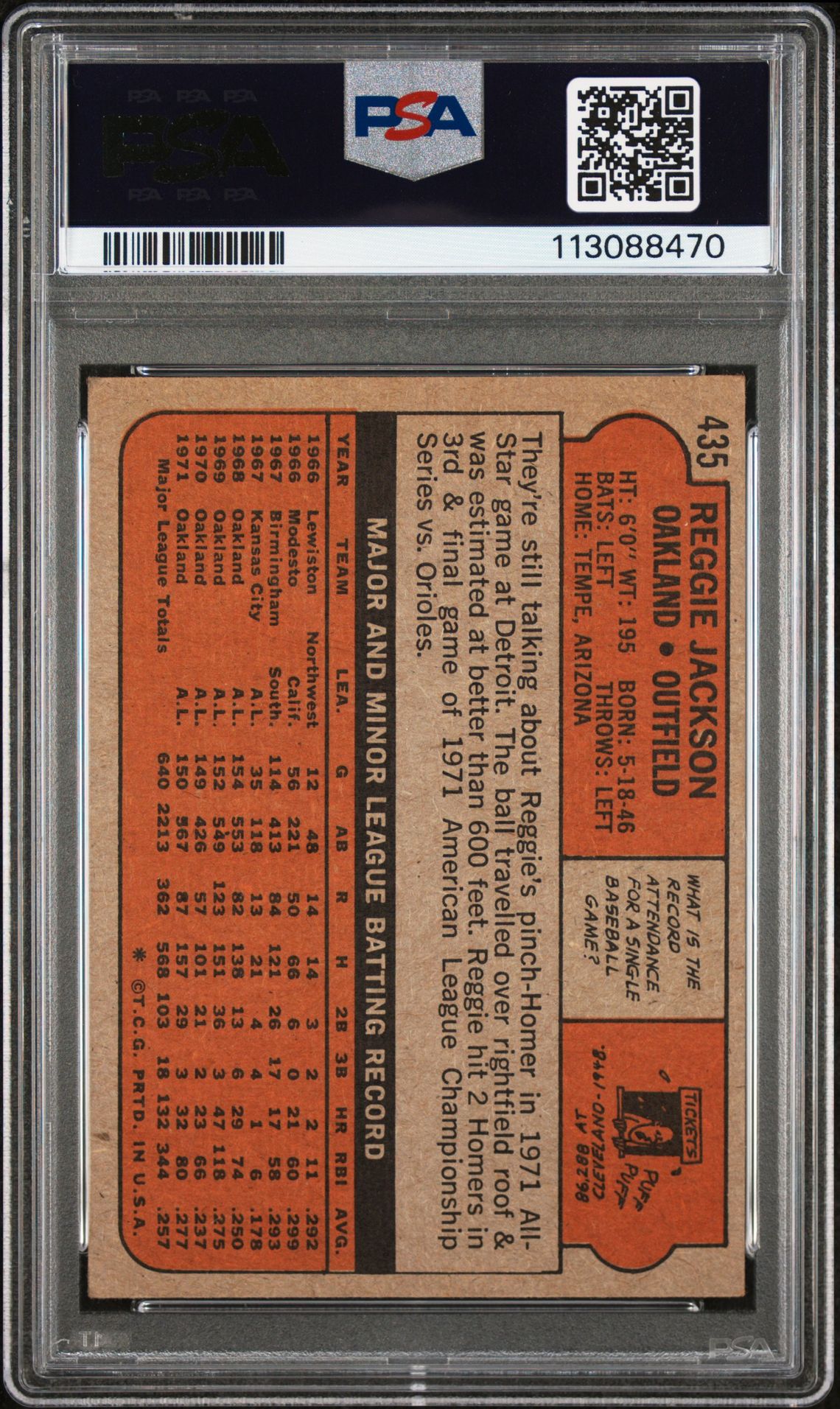1972 Topps Reggie Jackson #435 Vg 3 back