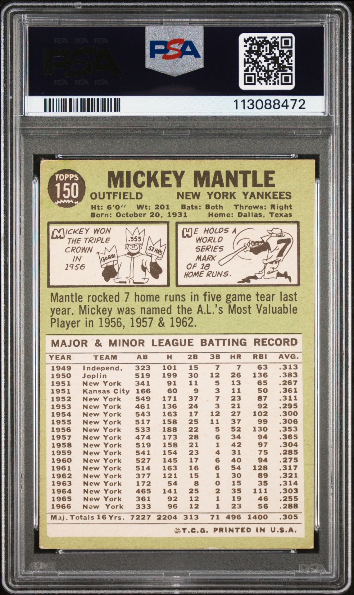 1967 Topps Mickey Mantle #150 Vg 3 back