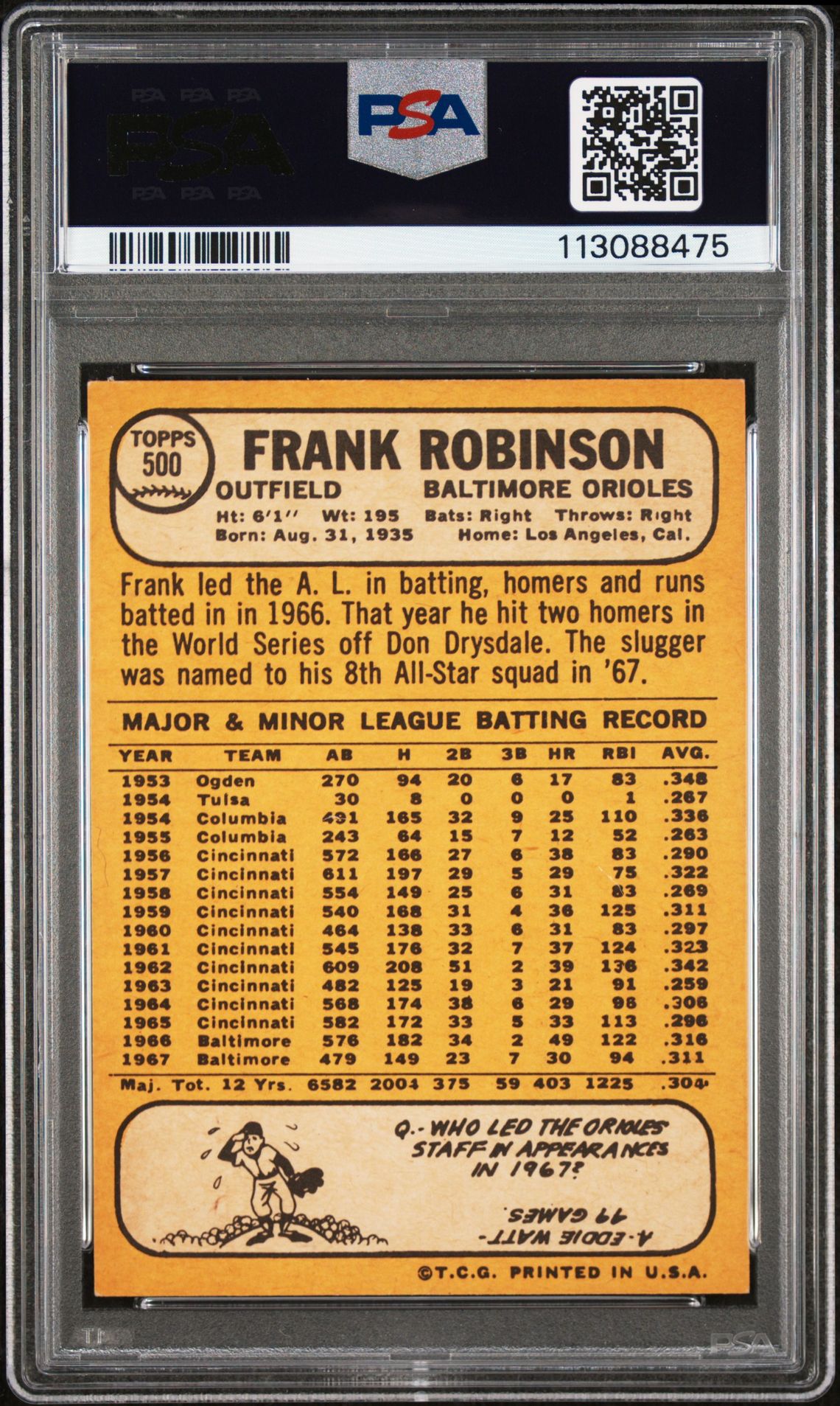 1968 Topps Frank Robinson #500 Ex-Mt 6 back