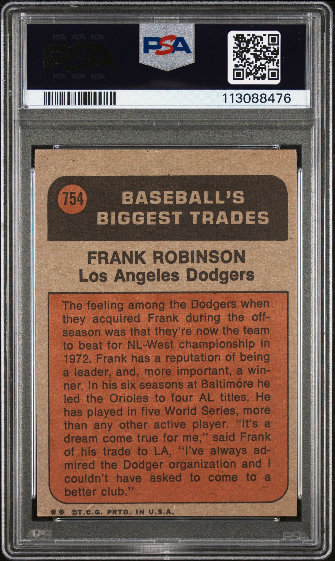 1972 Topps Frank Robinson #754 (Traded) Ex 5 back