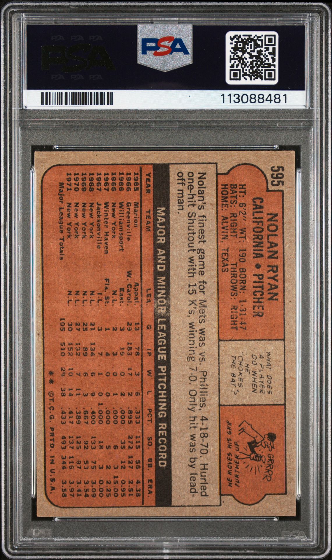 1972 Topps Nolan Ryan #595 Vg-Ex 4 back