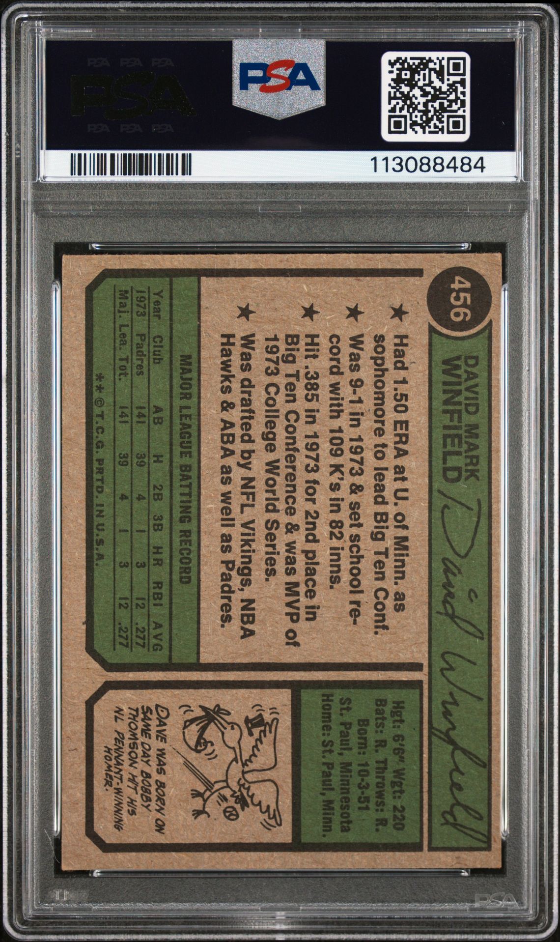 1974 Topps Dave Winfield #456 Ex 5 back