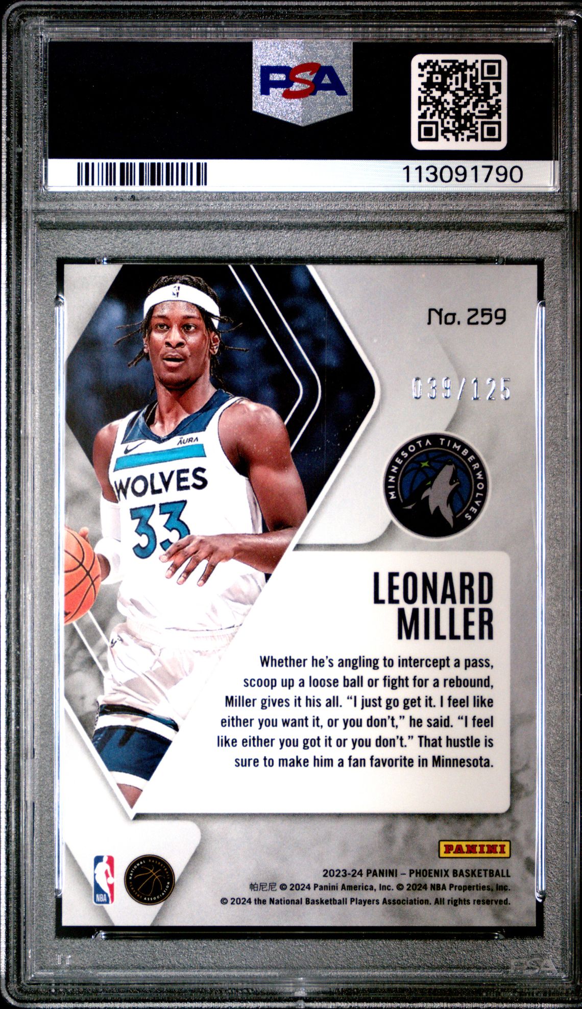 2023 Panini Phoenix Leonard Miller #259 (White Ice) Gem Mt 10 back