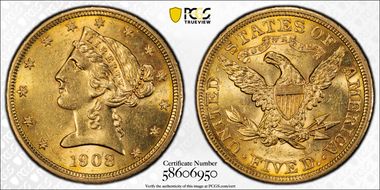 1908 $5 Liberty MS62