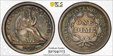1838 10C No Drapery, Large Stars VF35