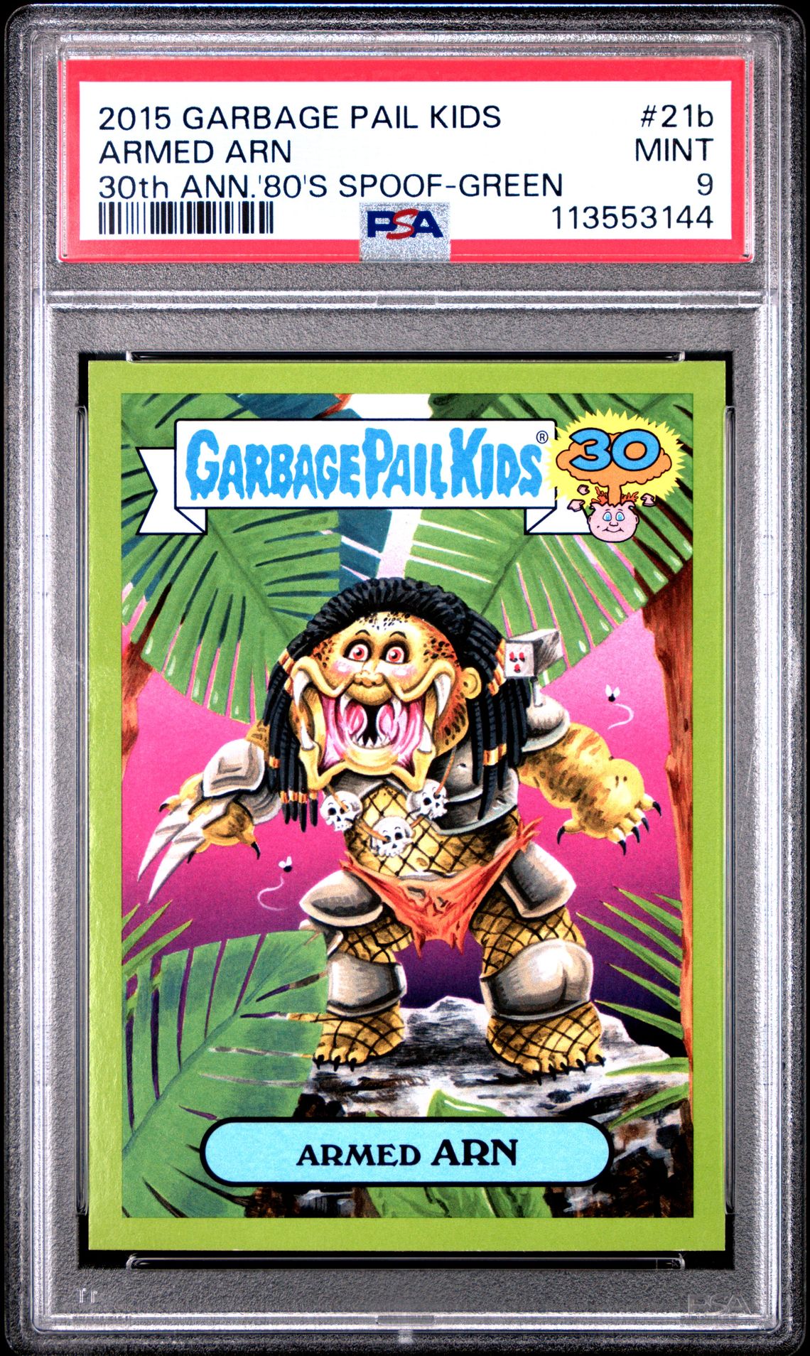 2015 Topps TOPPS GARBAGE PAIL KIDS 30TH ANNIVERSARY '80'S SPOOF 30TH ANN.'80'S SPOOF-GREEN #21B Armed Arn front