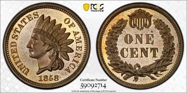 1858 1C J-212b, Narrow Bust PR66