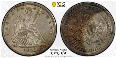 1842 50C Medium Date AU58+