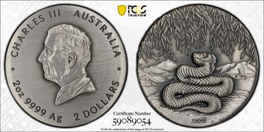2025-P $2 Year of the Snake 2oz Ag Antique Finish SP70