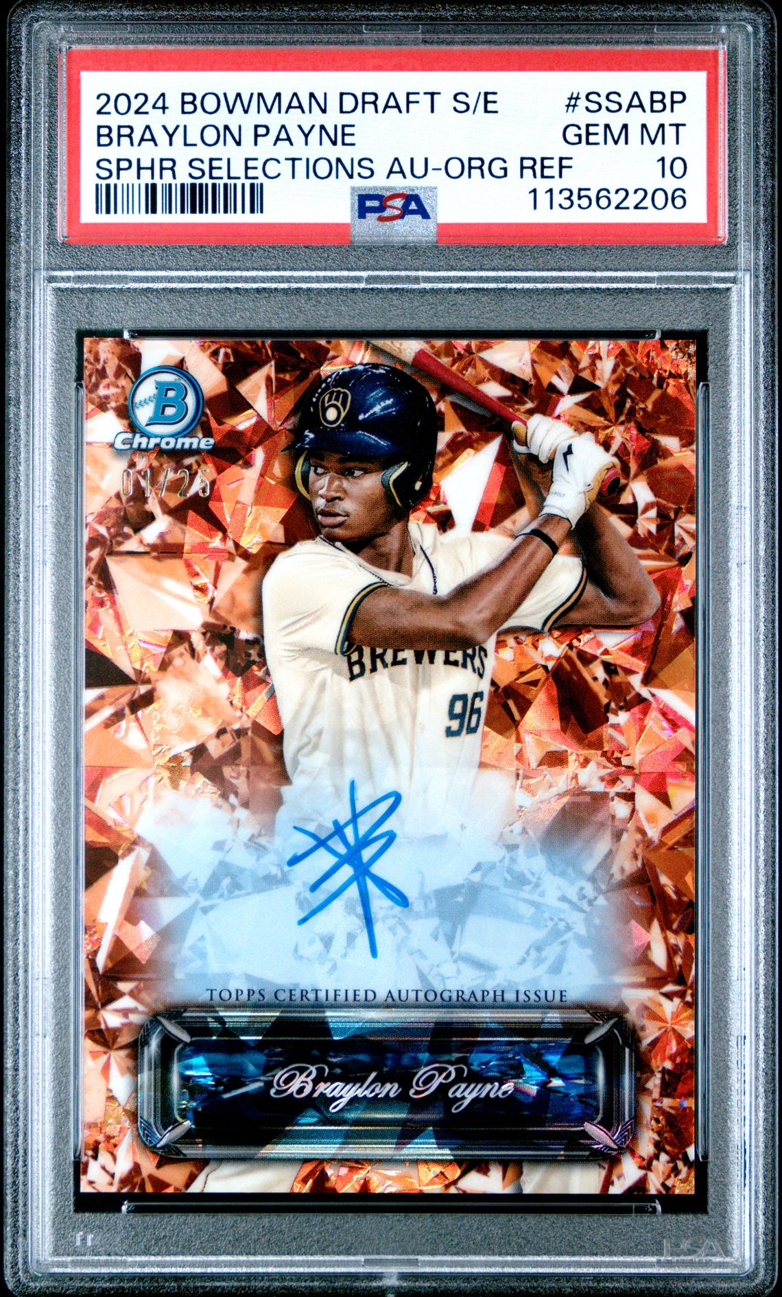 2024 Bowman Draft BOWMAN DRAFT SAPPHIRE EDITION SAPPHIRE SELECTIONS AUTOGRAPHS SPHR SELECTIONS AU-ORG REF #SSABP Braylon Payne front
