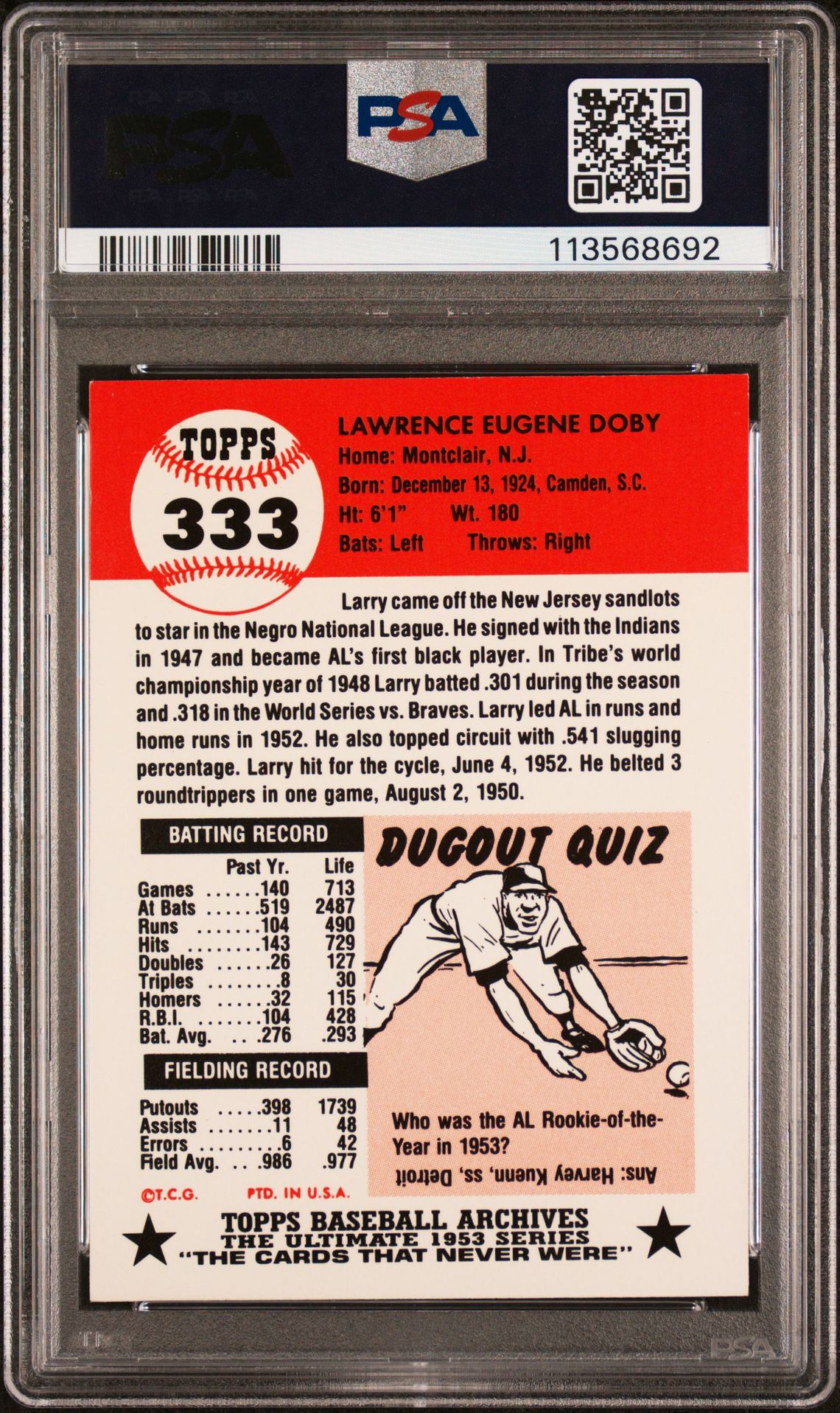 1991 Topps Archives 1953 Reprint Larry Doby #333 (1953 Reprint) N0: Authentic back