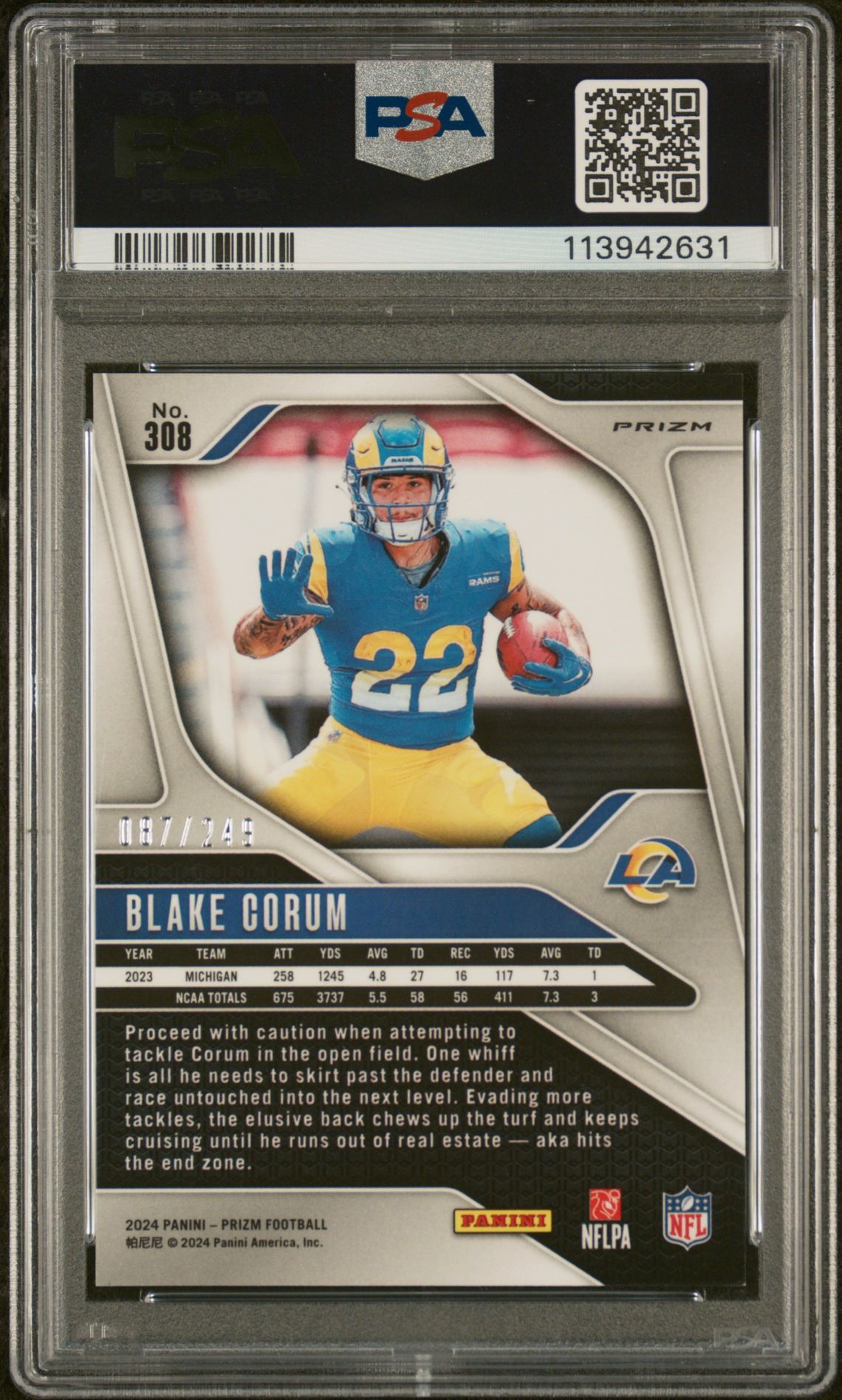 2024 Panini Prizm Blake Corum #308 (Orange Prizm) Mint 9 back