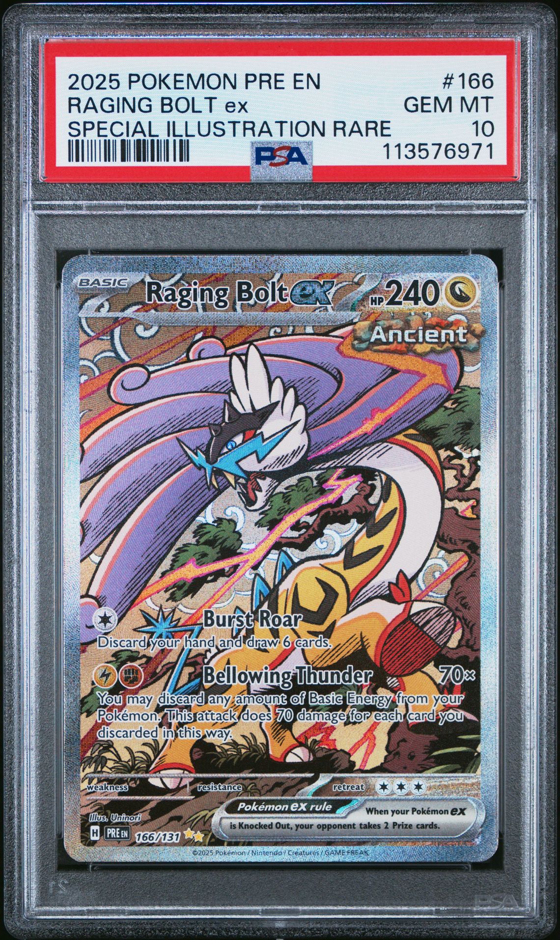 2025 Pokemon Pre En-Prismatic Evolutions Raging Bolt Ex #166 (Special Illustration Rare) Gem Mt 10 front