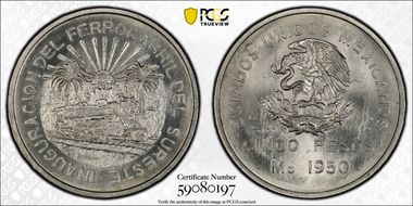 1950-Mo 5 Peso Southeastern Railroad KM-466  Ag MS65