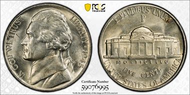 1945-P 5C Doubled Die Reverse MS62