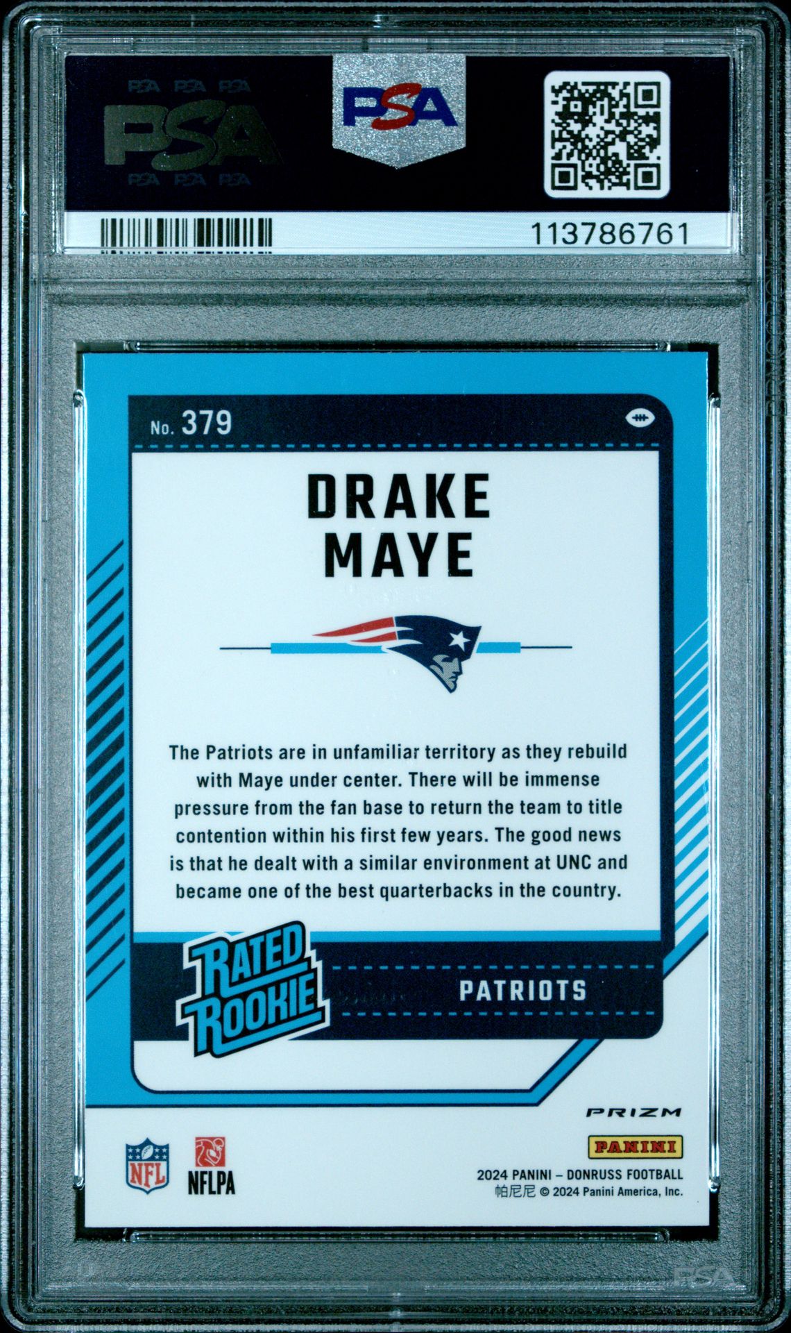 2024 Panini Donruss Drake Maye #379 (Optic Preview-Red & Green) Gem Mt 10 back