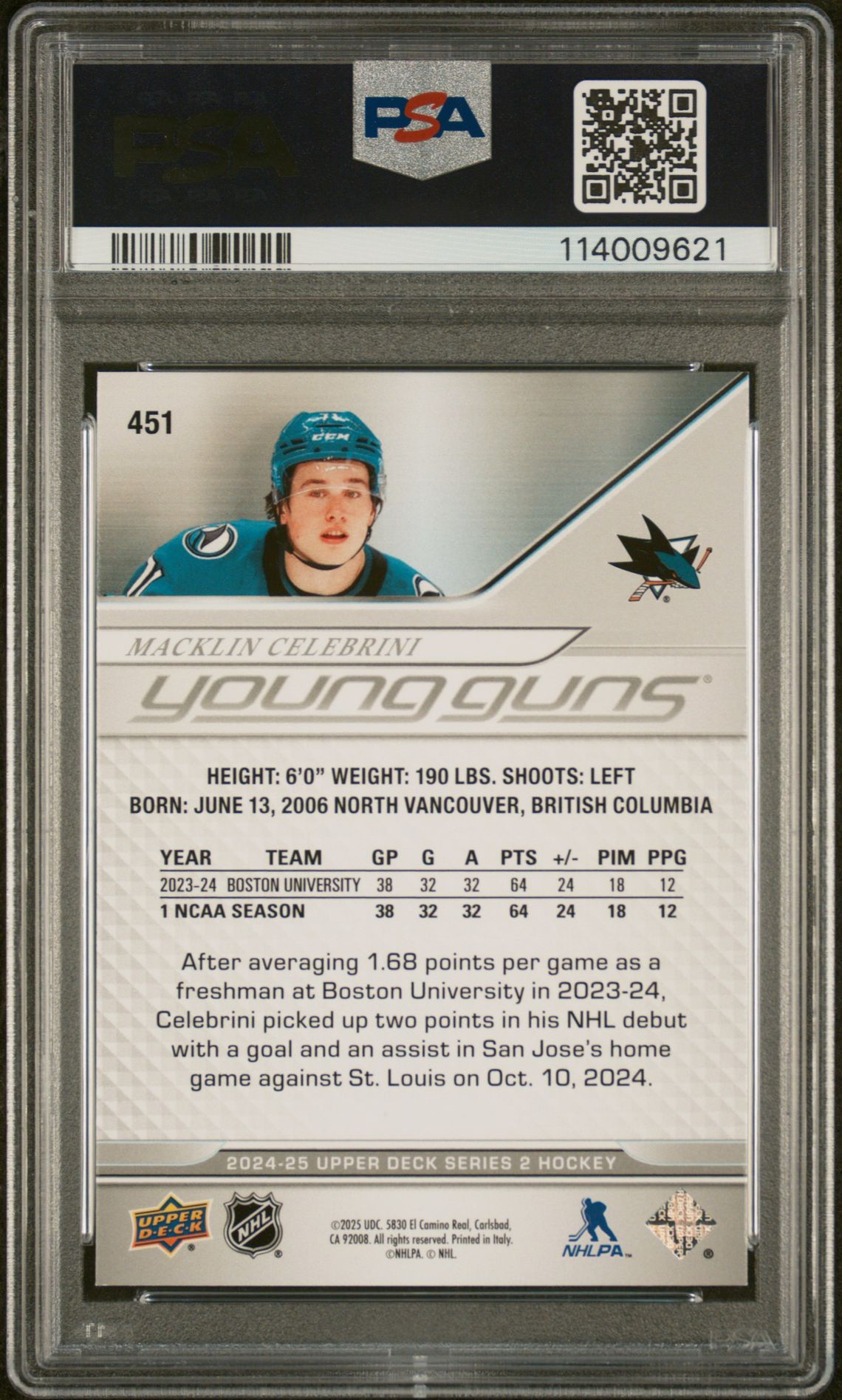 2024 Upper Deck Macklin Celebrini #451 Gem Mt 10 back