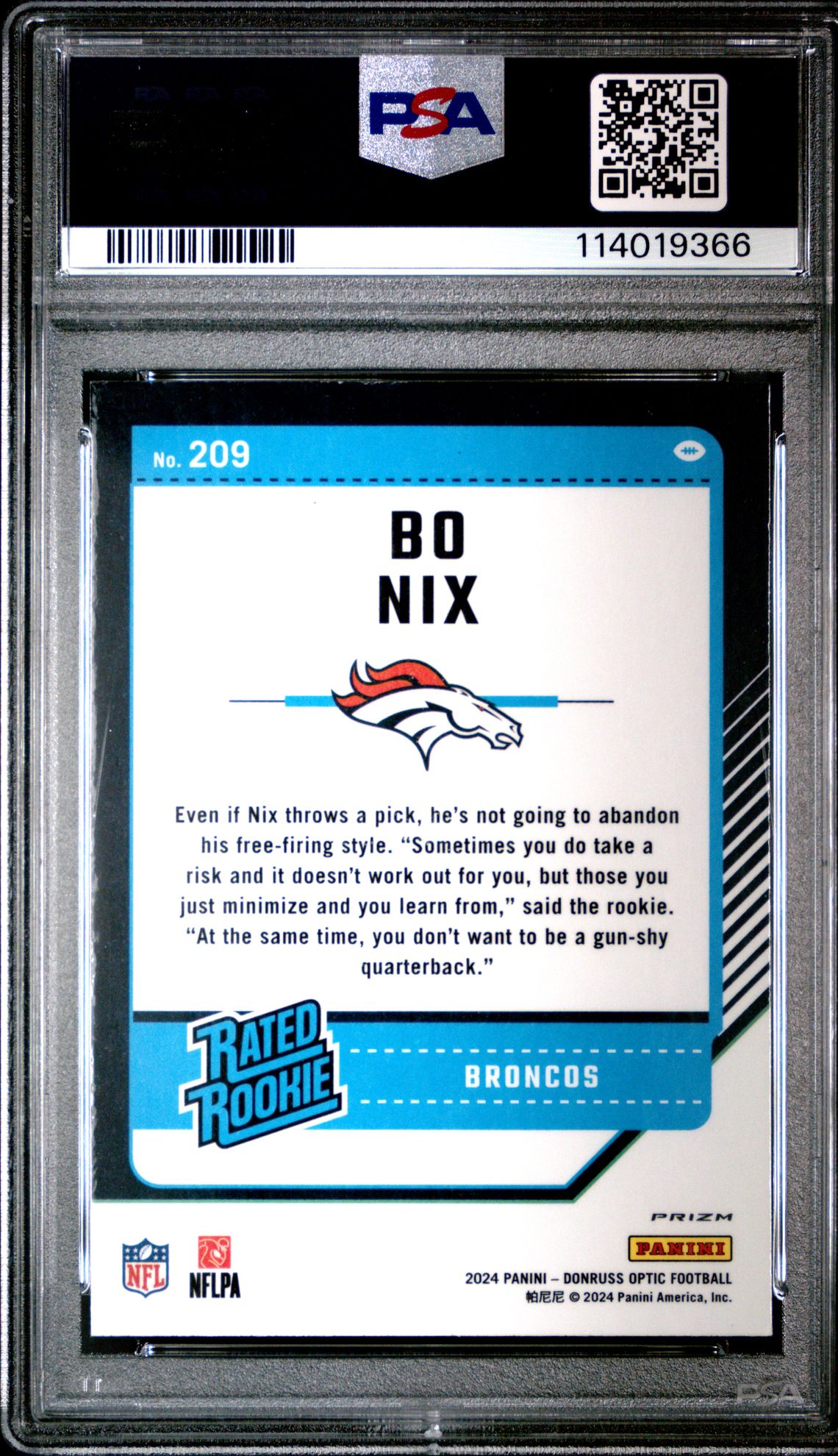 2024 Panini Donruss Optic Bo Nix #209 (Purple Shock) Mint 9 back