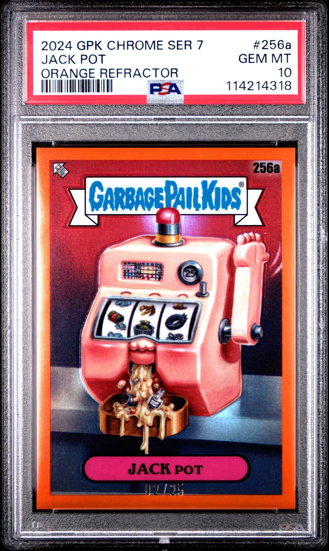 2024 Topps TOPPS CHROME GARBAGE PAIL KIDS ORIGINAL SERIES 7 Orange #256A Jack Pot front