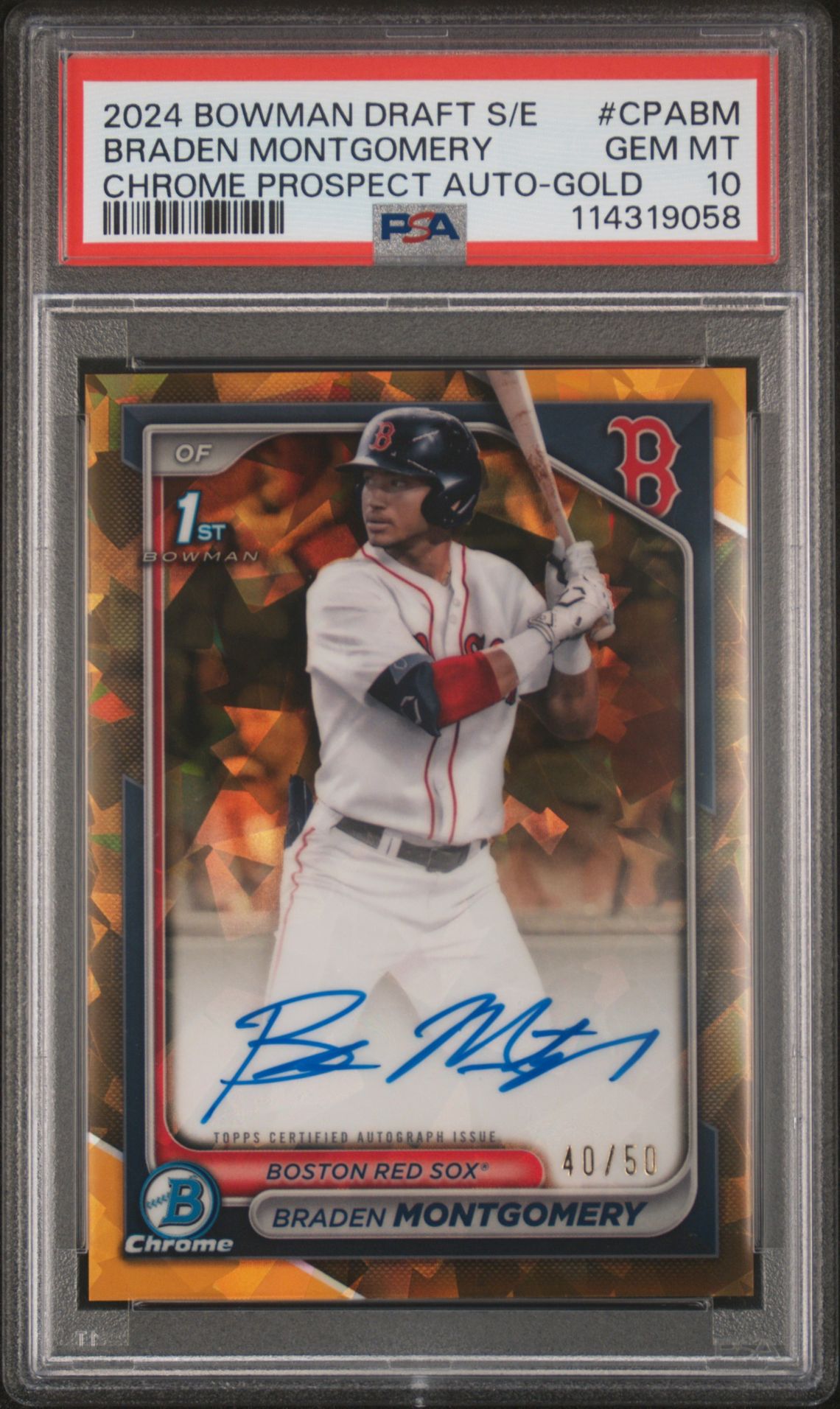 2024 Bowman BOWMAN DRAFT SAPPHIRE EDITION CHROME SAPPHIRE PROSPECT AUTOGRAPHS CHROME PROSPECT AUTO-GOLD #CPABM Braden Montgomery front