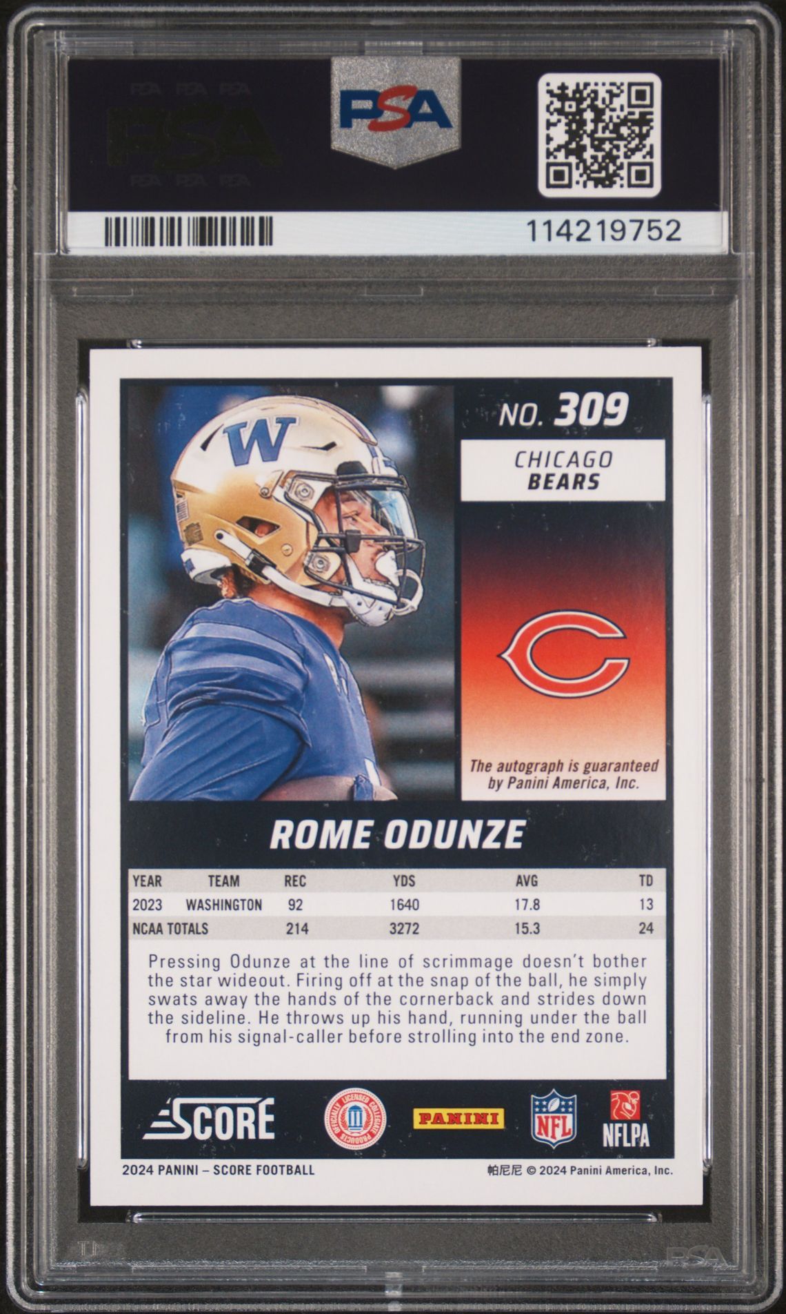 2024 Panini Score Rome Odunze #309 (Signature-Gold Zone) Gem Mt 10 back