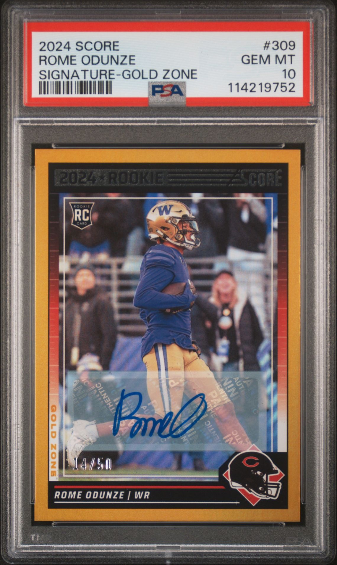 2024 Panini Score Rome Odunze #309 (Signature-Gold Zone) Gem Mt 10 front