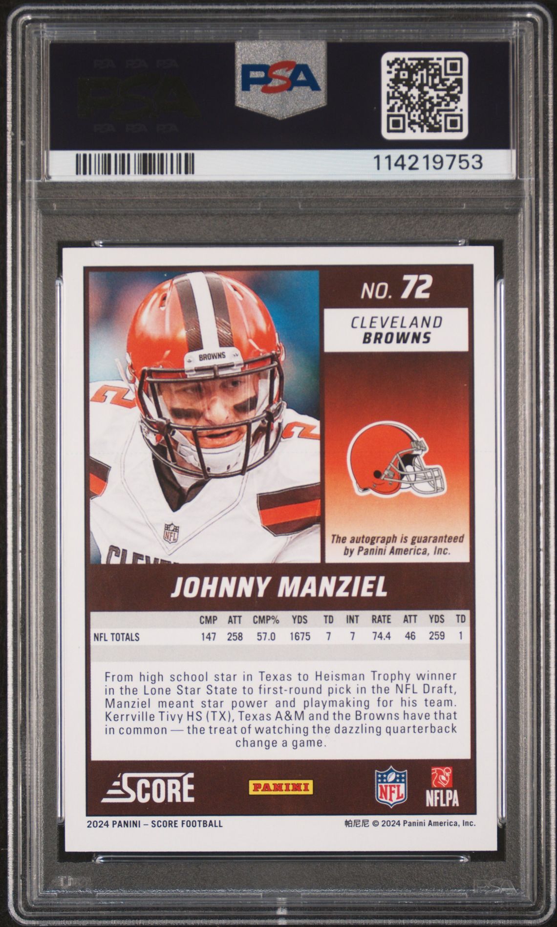 2024 Panini Score Johnny Manziel #72 (Signature) Gem Mt 10 back